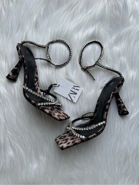 Zara Leopard Rhinestone Embellished  Heeled Sandals